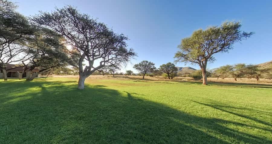 From Windhoek: Okapuka Safari Lodge Day Trip - The ranch setting: lawns, camel thorns, and mountain views